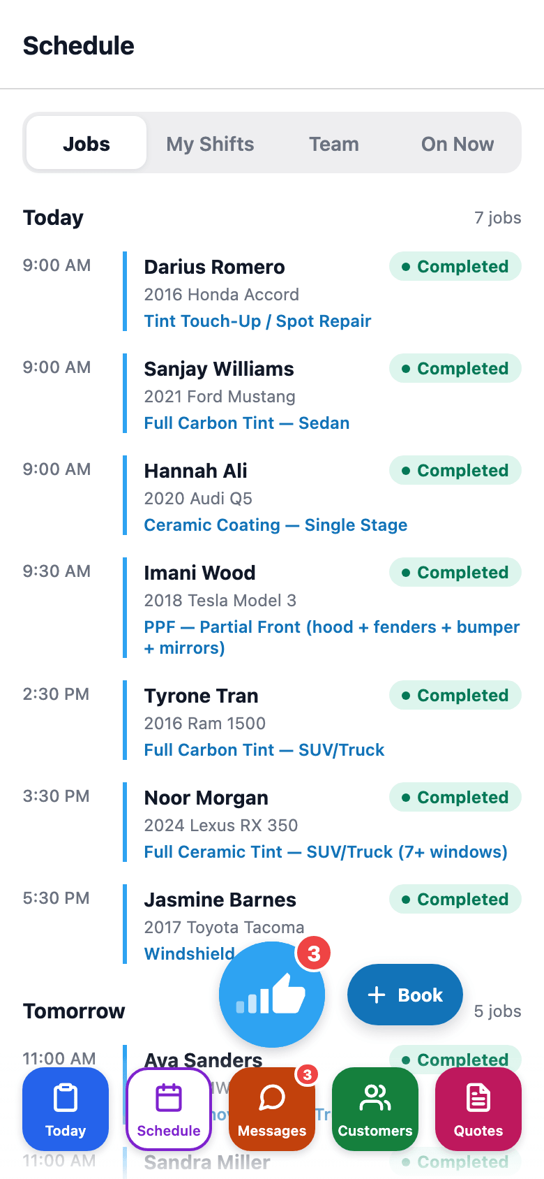 Upcoming jobs grouped by day, plus My Shifts, Team Shifts, and On Now for managers.