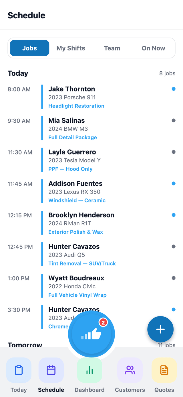 The mobile app's Schedule tab shows the team schedule — jobs, shifts, and who's on now — for whoever's on the floor.