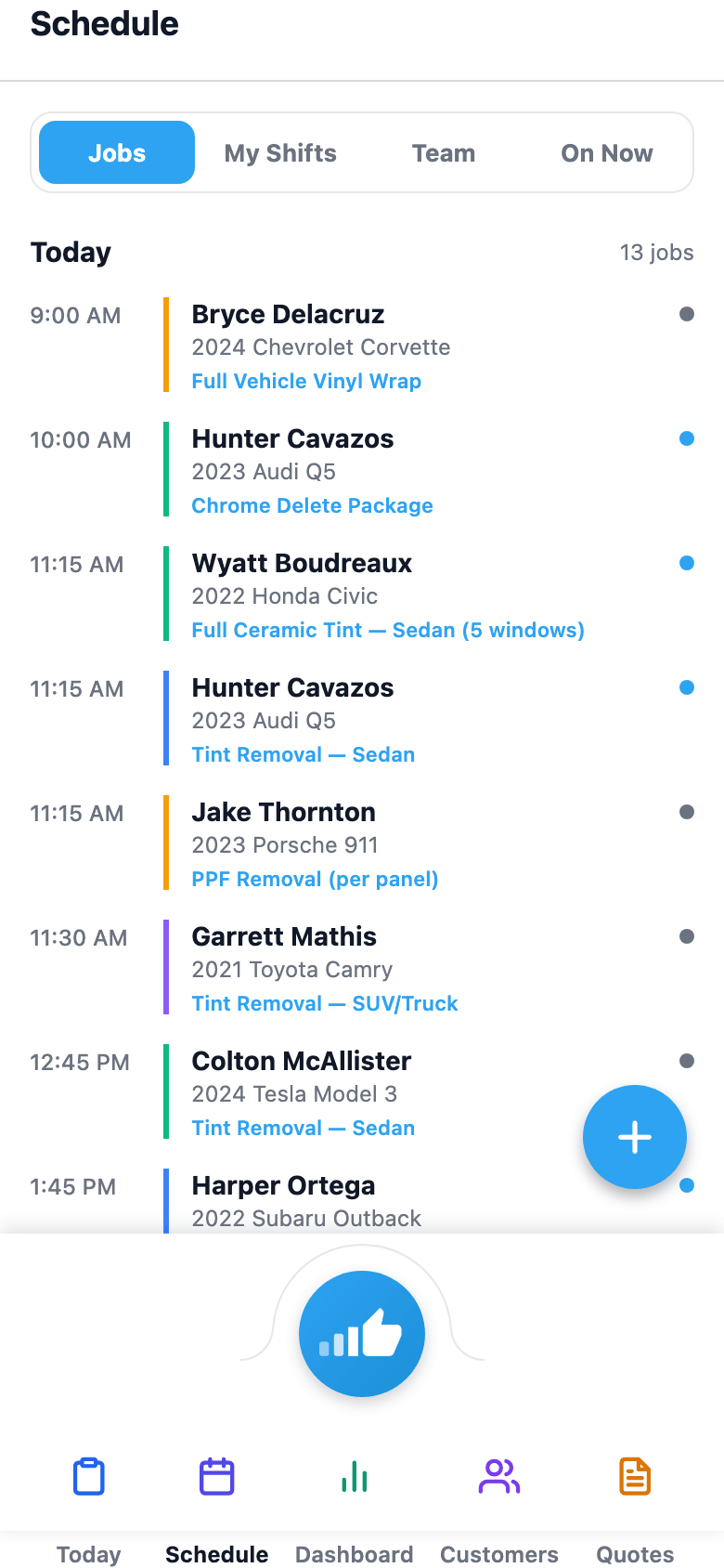 Upcoming jobs grouped by day, plus My Shifts, Team Shifts, and On Now for managers.