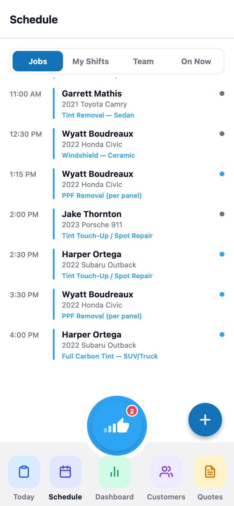 Upcoming jobs grouped by day, plus My Shifts, Team Shifts, and On Now for managers.