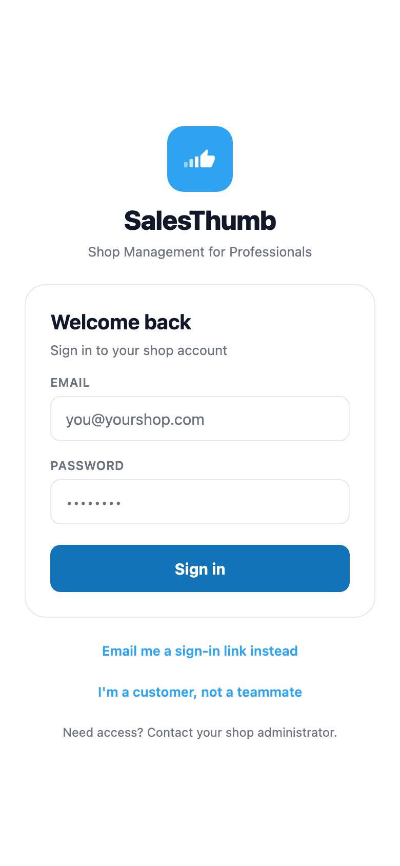 There's no separate 'mobile account' to provision. A tech's email + password is the same credential they'd use to log into the web dashboard from a shop computer — same Better-Auth user row, same role, same shop membership.