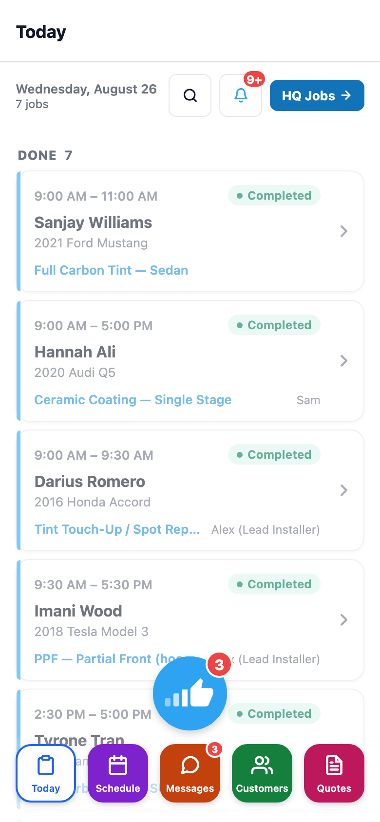 Today's schedule with bay assignments and status pills, plus the AI tools row. Clock in/out lives on the Profile tab.