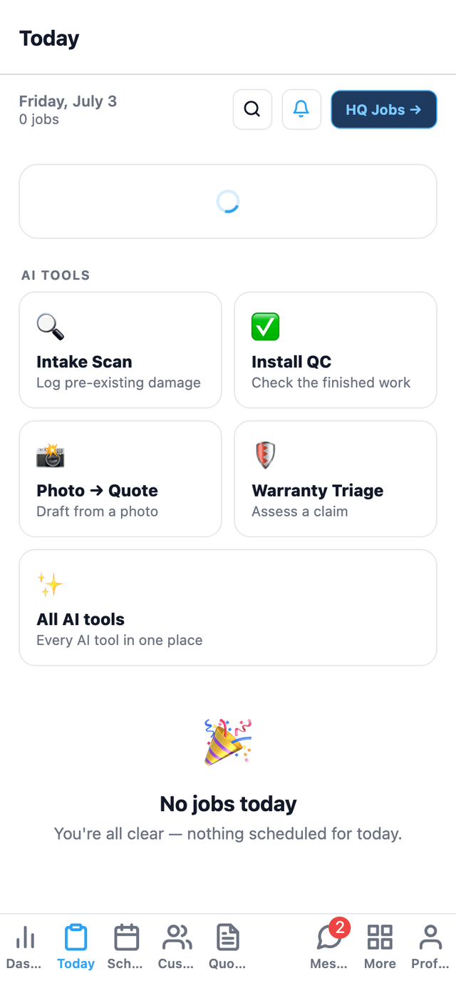 Photo → Quote and Install QC — the two AI photo tools — sit right on the mobile app's Today screen, one tap from the installer's job queue.