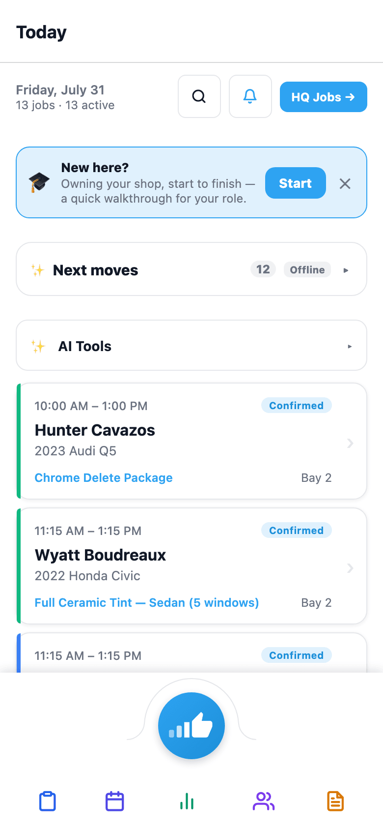 Today's schedule with bay assignments and status pills, plus the AI tools row. Clock in/out lives on the Profile tab.