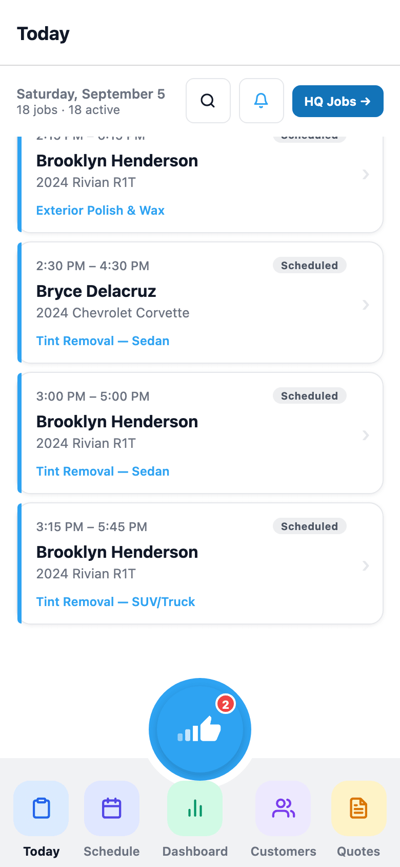 Today's schedule with bay assignments and status pills, plus the AI tools row. Clock in/out lives on the Profile tab.