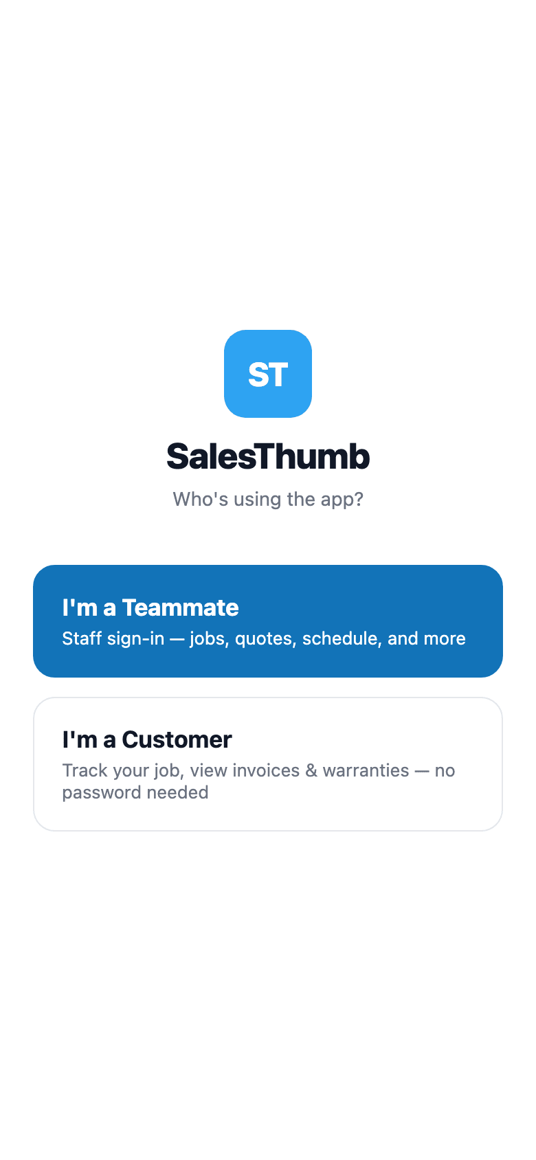 Splash picker → name + phone form → 6-digit code entry → customer home. Three taps to get in.