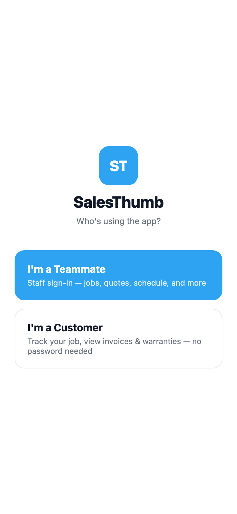 Splash picker → name + phone form → 6-digit code entry → customer home. Three taps to get in.